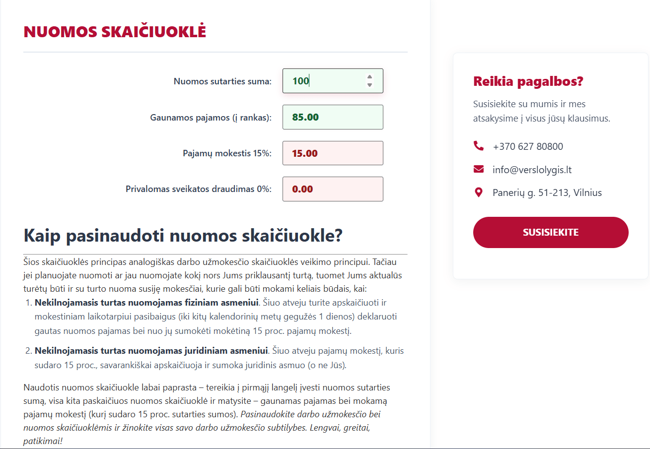 Verslo Lygis individuali nuomos pajamų mokesčio skaičiuoklė