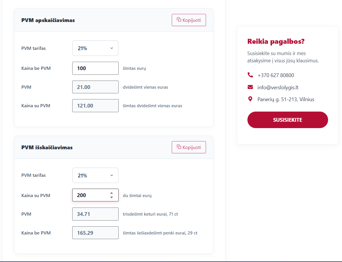 Verslo Lygis individuali PVM apskaičiavimo ir išskaičiavimo skaičiuoklė