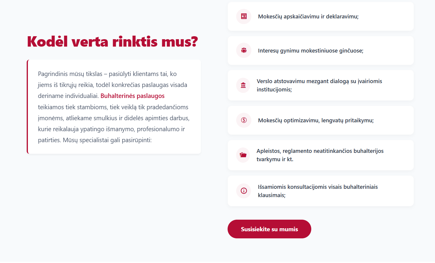 Verslo Lygis privalumų sekcija - mokesčių apskaičiavimas, interesų gynimas, mokesčių optimizavimas