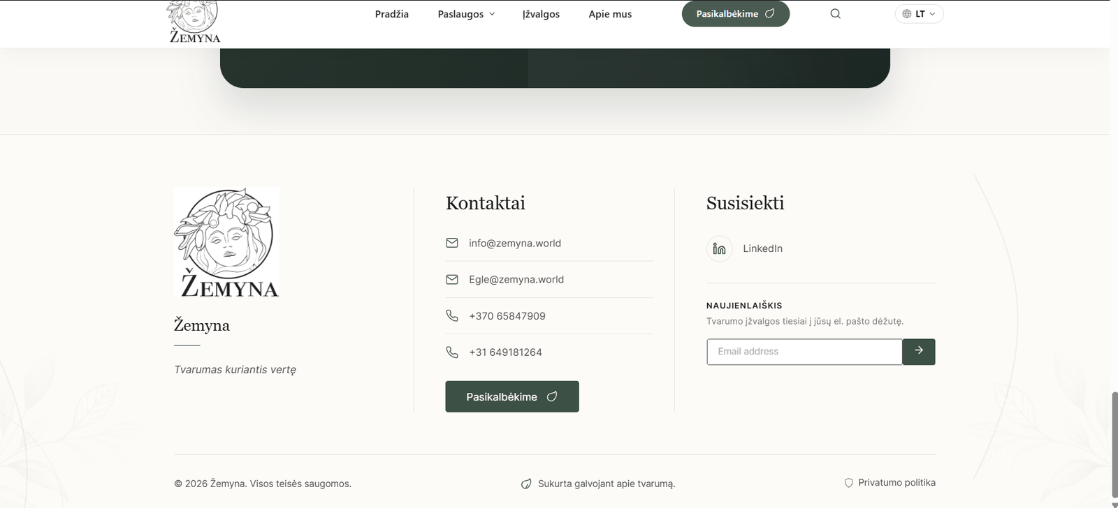 Žemyna svetainės poraštė su kontaktine informacija, LinkedIn nuoroda ir naujienlaiškio prenumerata