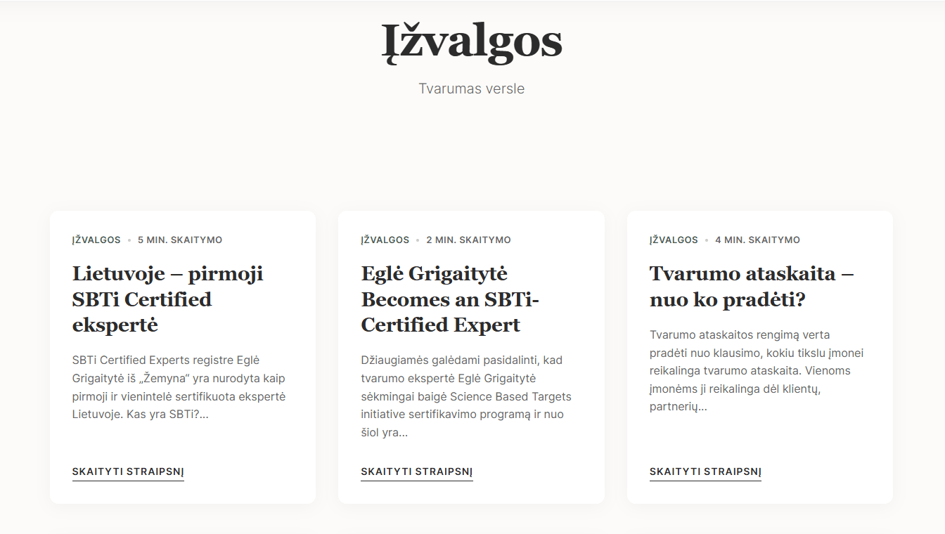 Žemyna svetainės Įžvalgos skiltis su straipsniais apie tvarumą versle