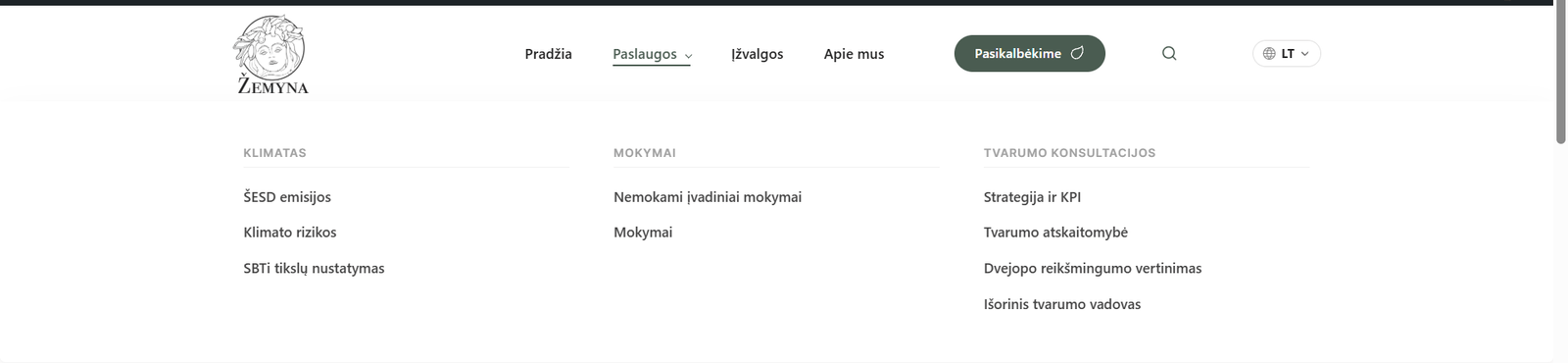 Žemyna svetainės Paslaugos meniu su Klimatas, Mokymai ir Tvarumo konsultacijos skiltimis