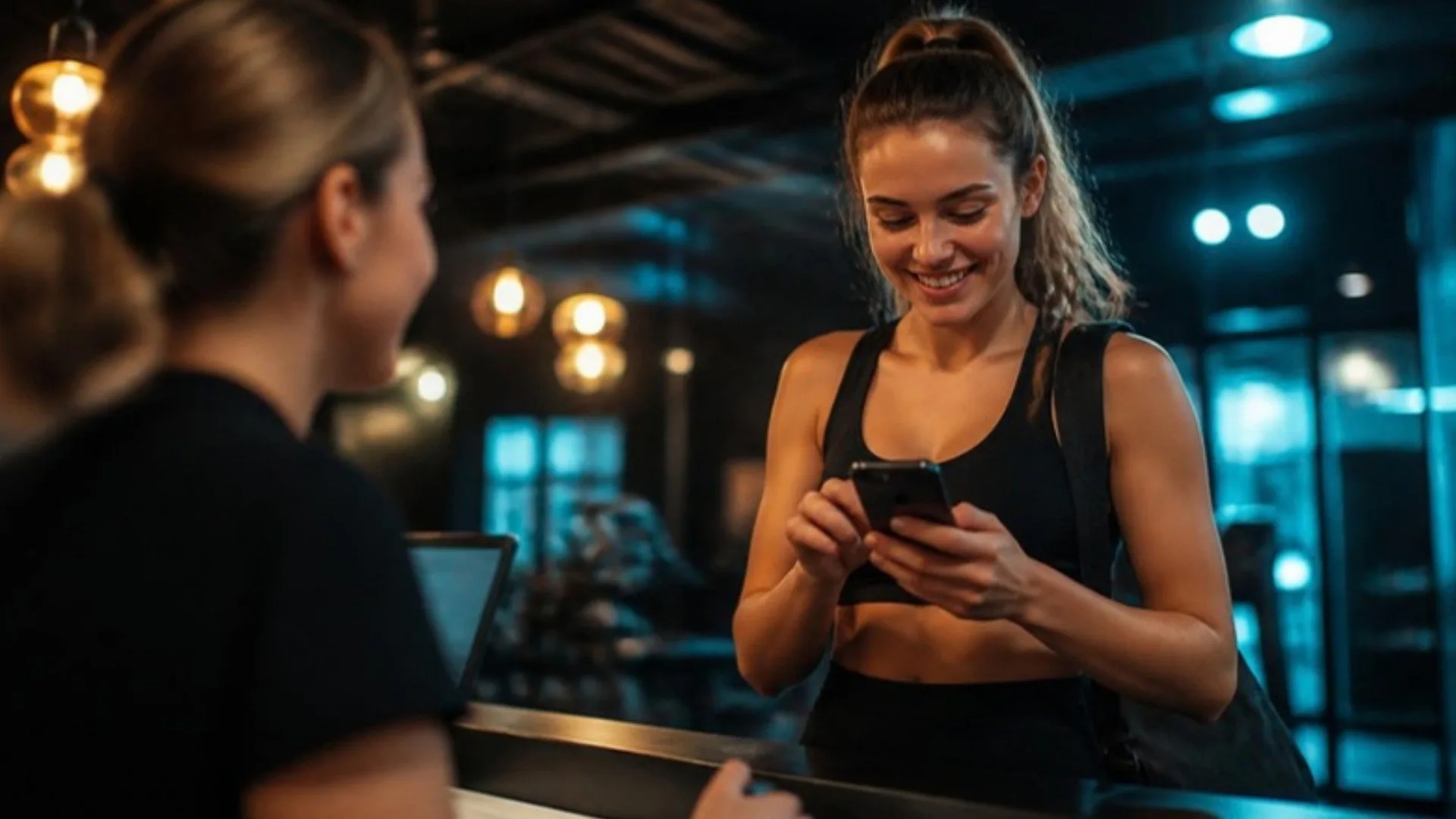 Jauna sportininkė prie sporto klubo registratūros telefonu registruojasi narystei