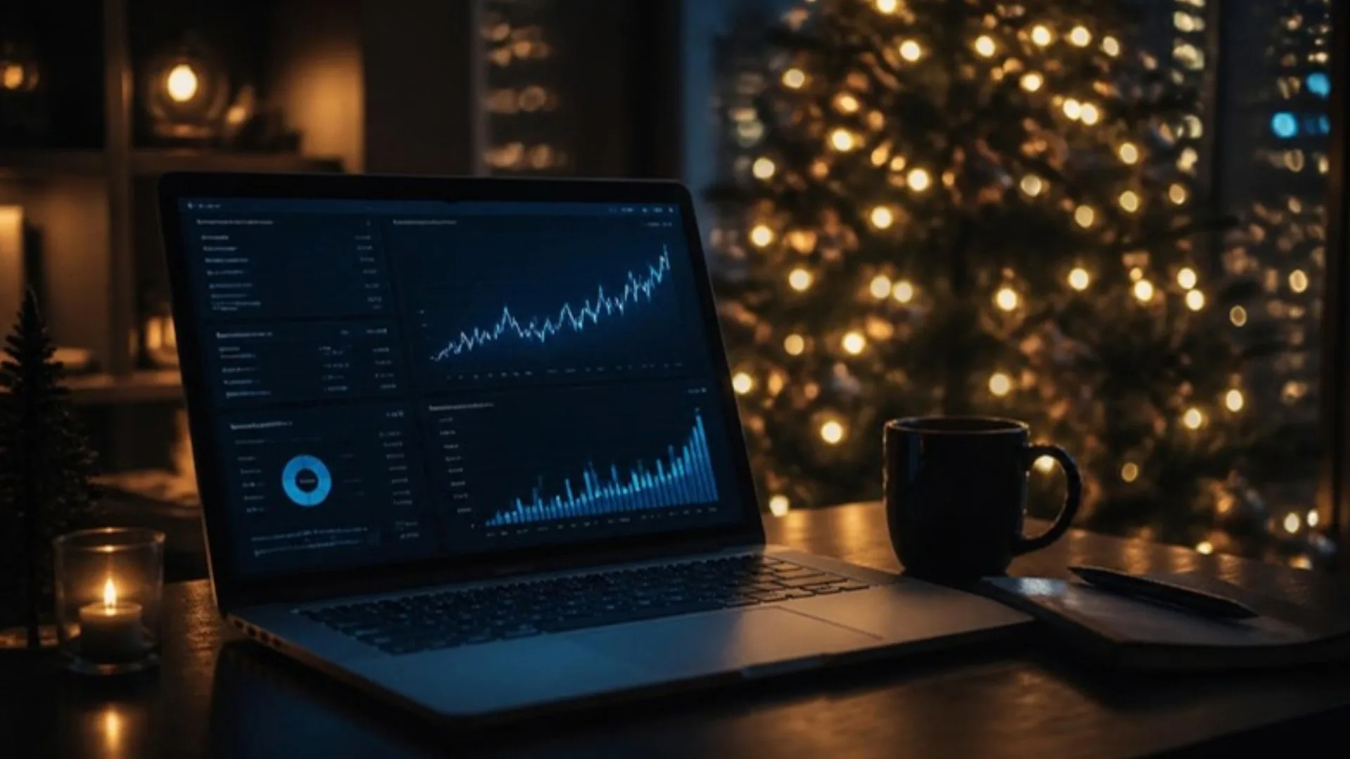 Nešiojamasis kompiuteris su reklamos rezultatų ataskaita ir Kalėdų eglute fone