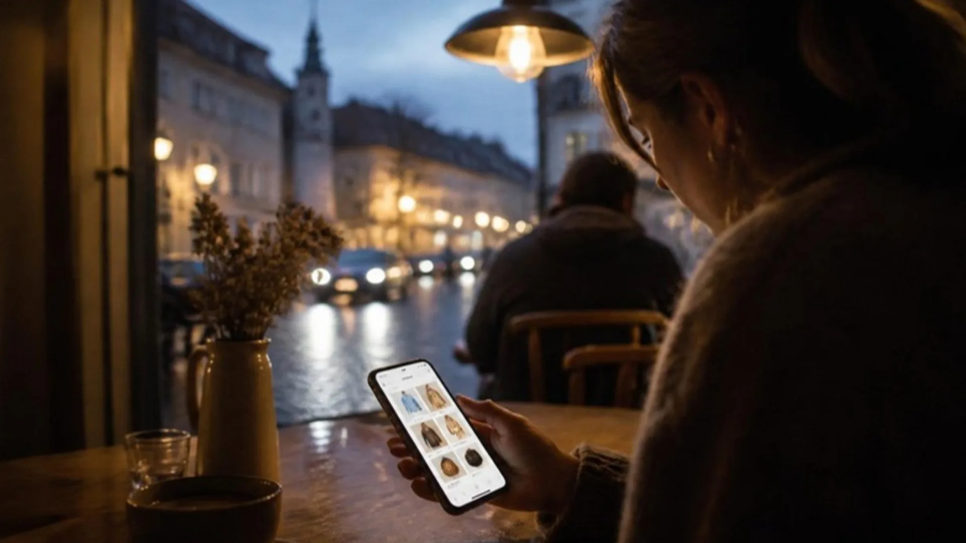 Pirkėja vakare kavinėje telefone naršo el. parduotuvės prekes