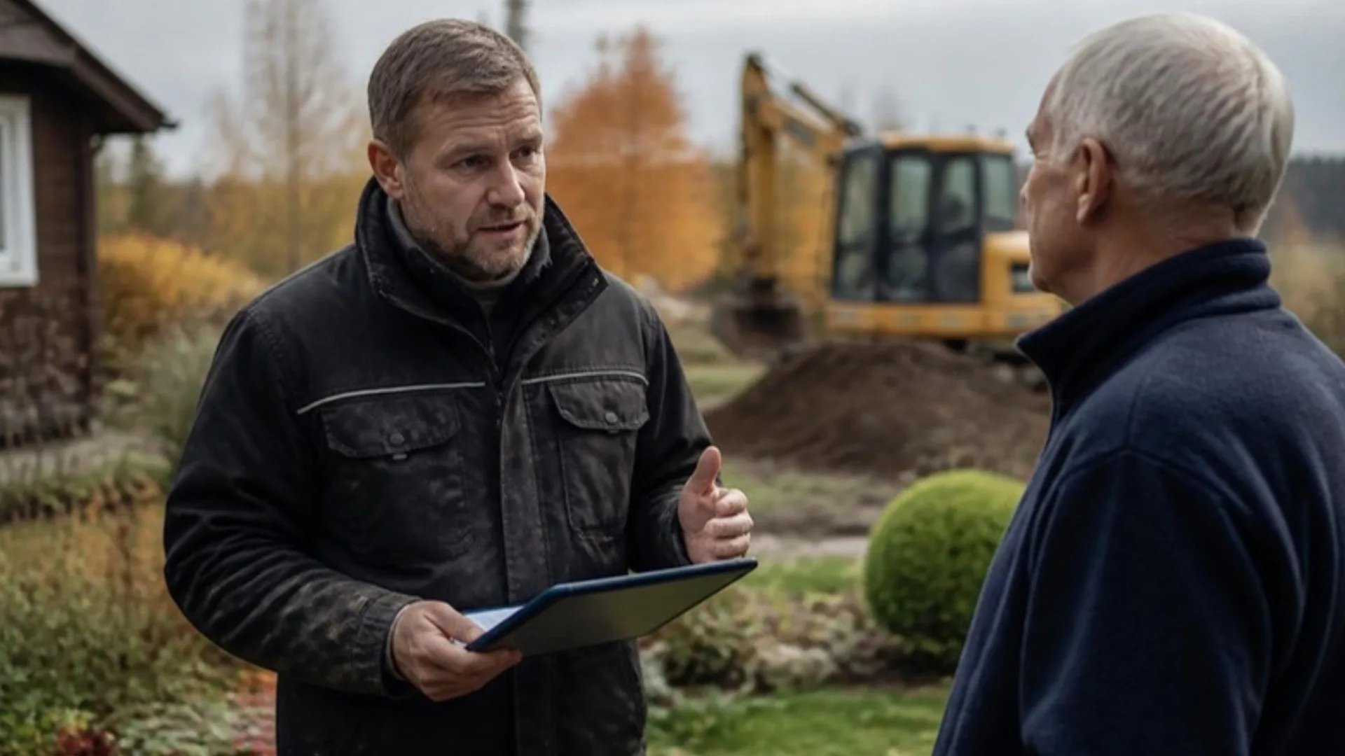 Rangovas su planšete sode aptaria darbų pasiūlymą su namo savininku