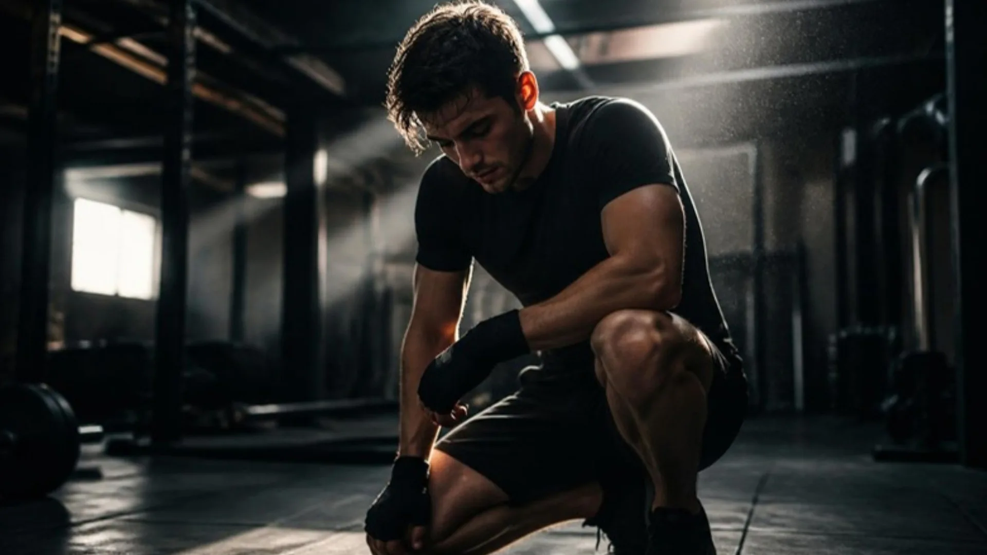 Sportininkas juoda sportine apranga tamsioje sporto salėje