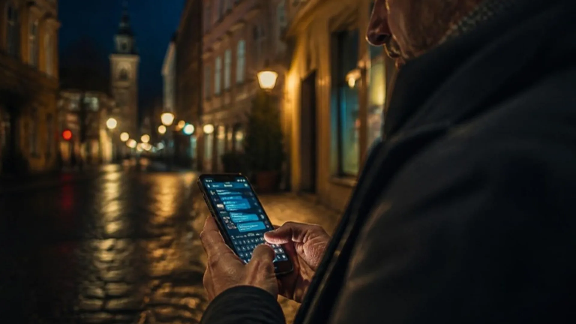 Verslo savininkas Vilniaus senamiestyje telefonu klausia AI asistento, ar jis rekomenduoja jo verslą